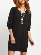 Romwe Black V Neck Long Sleeve Loose Dress
