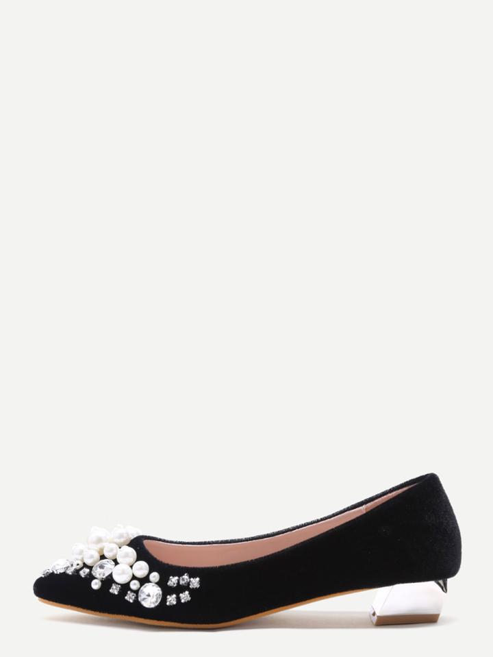 Romwe Black Jewelry Embellished Velvet Point Toe Pumps