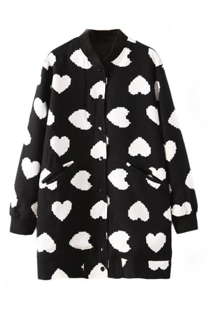Romwe Heart Print Black Coat