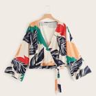 Romwe Plus Leaf Print Wrap Tie Side Blouse