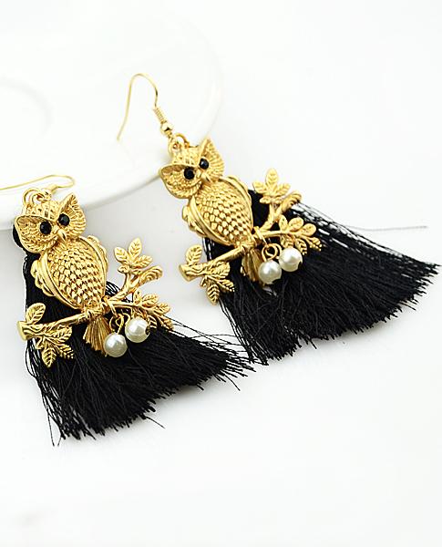Romwe Black Owl Pearl Tassel Earrings