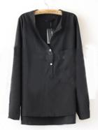 Romwe Black Collarless Dipped Hem Long Sleeve Blouse With Front Pocket