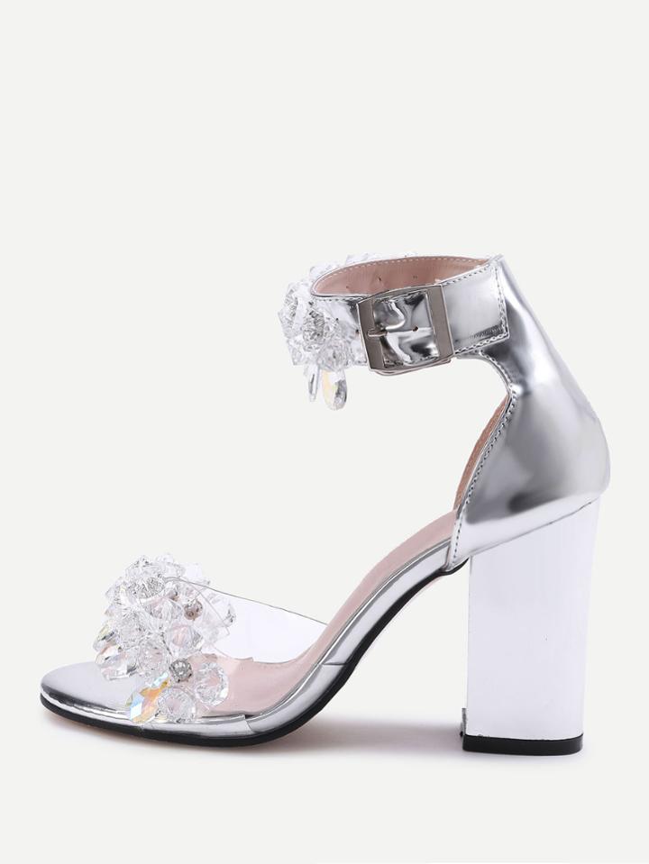 Romwe Crystal Embellished Metallic Faux Leather Heeled Sandals