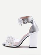 Romwe Crystal Embellished Metallic Faux Leather Heeled Sandals