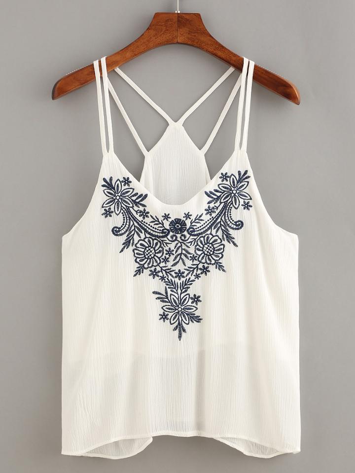 Romwe Flower Embroidered Strappy Cami Top