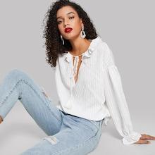 Romwe Tassel Tie Neck Ruffle Trim Textured Top