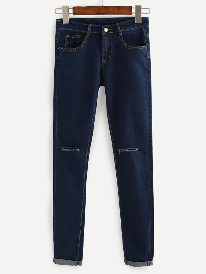 Romwe Blue Knee Ripped Roll Hem Jeans