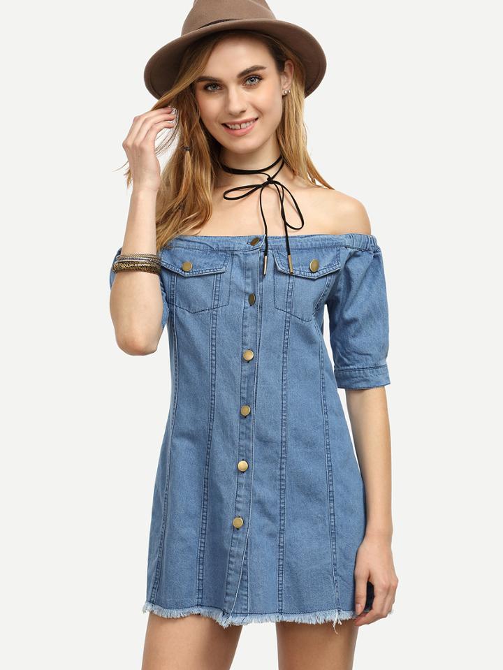 Romwe Blue Off The Shoulder Buttoned Denim Dress