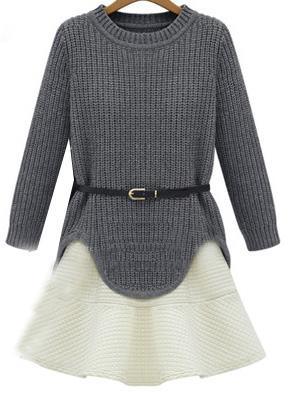 Romwe Dipped Hem Knit Grey Sweater With Skirt
