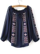 Romwe Navy Embroidery Ruffle Off The Shoulder Blouse