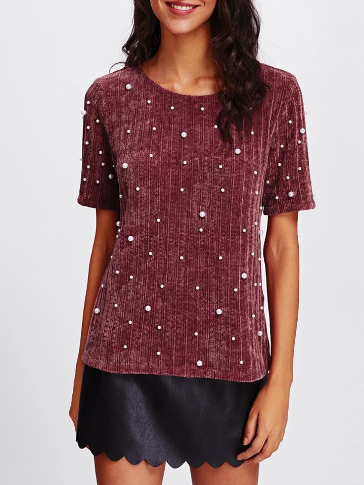 Romwe Pearl Embellished Ribbed Knit Tee