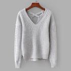 Romwe Criss-cross Back Cable Knit Dip Hem Sweater