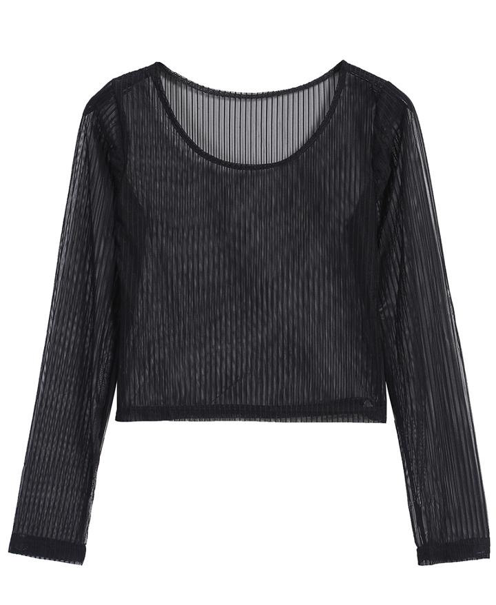 Romwe Round Neck Mesh Yoke Crop Blouse