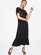 Romwe Embroidered Sequin Patch Ruffle Hem Dress