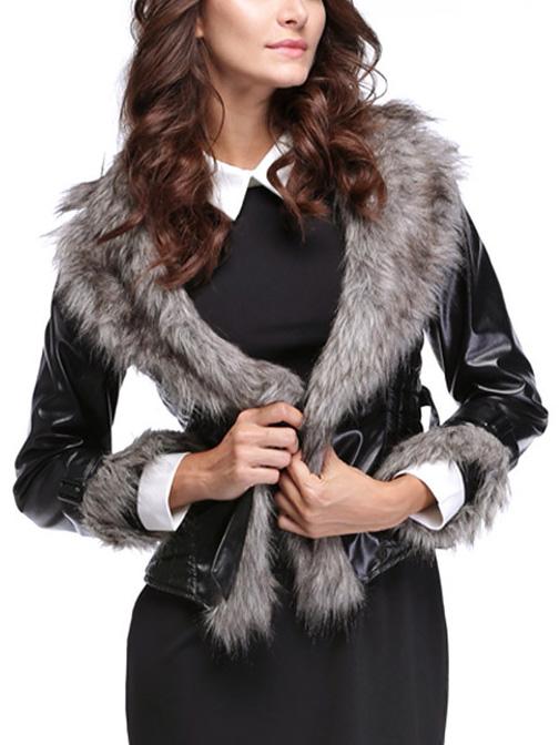Romwe Shawl Collar Faux Fur Slim Coat