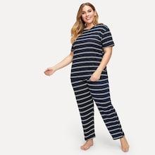 Romwe Plus Striped Top & Pants Pj Set