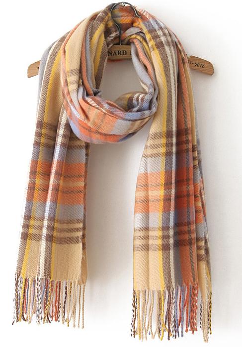 Romwe Check Print Tassel Scarf-camel