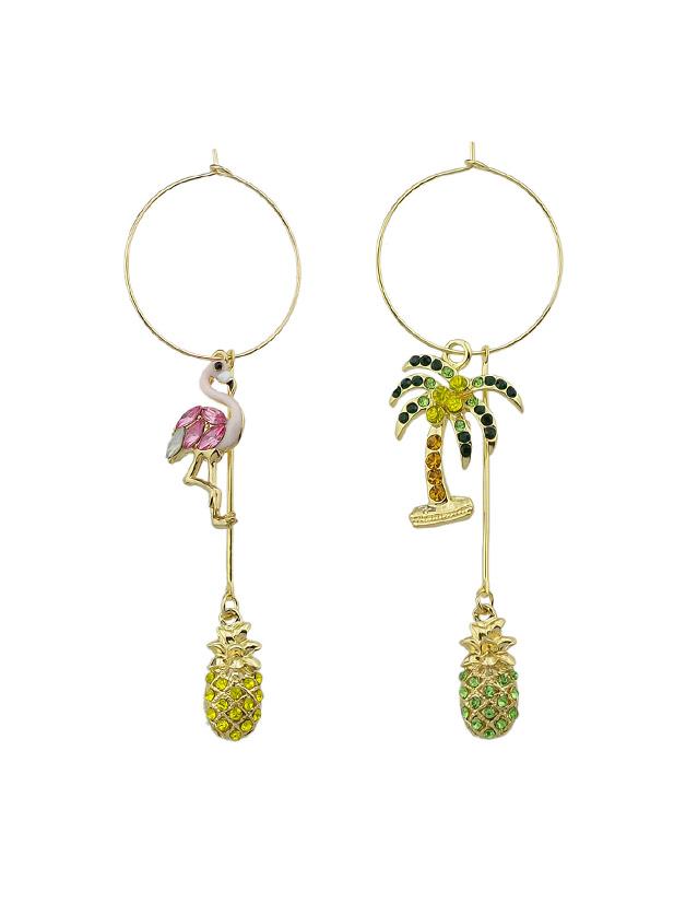 Romwe Pink Flamingo And Coconut Tree Shape Pineapple Rhinestone Earrings