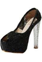 Romwe Black With Sequined High Heeled Peep Toe Pumps