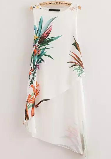 Romwe White Round Neck Floral Asymmetrical Dress