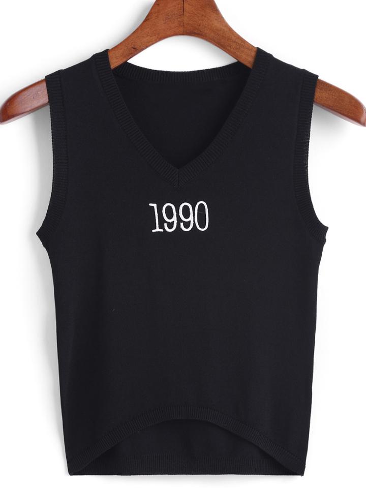 Romwe V Neck Dip Hem Number Print Black Tank Top