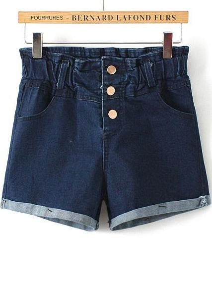 Romwe Navy High Waist Buttons Flange Denim Shorts