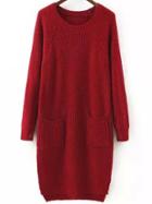 Romwe Raglan Sleeve Dip Hem Split Side Burgundy Sweater Dress With Pockets