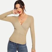Romwe Slim Fitted Surplice Neck Jumper