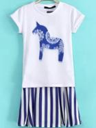 Romwe Horse Print Top With Vertical Striped Skirt