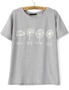 Romwe Grey Short Sleeve Dandelion Print T-shirt