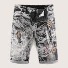 Romwe Guys Embroidery Patched Ripped Denim Shorts