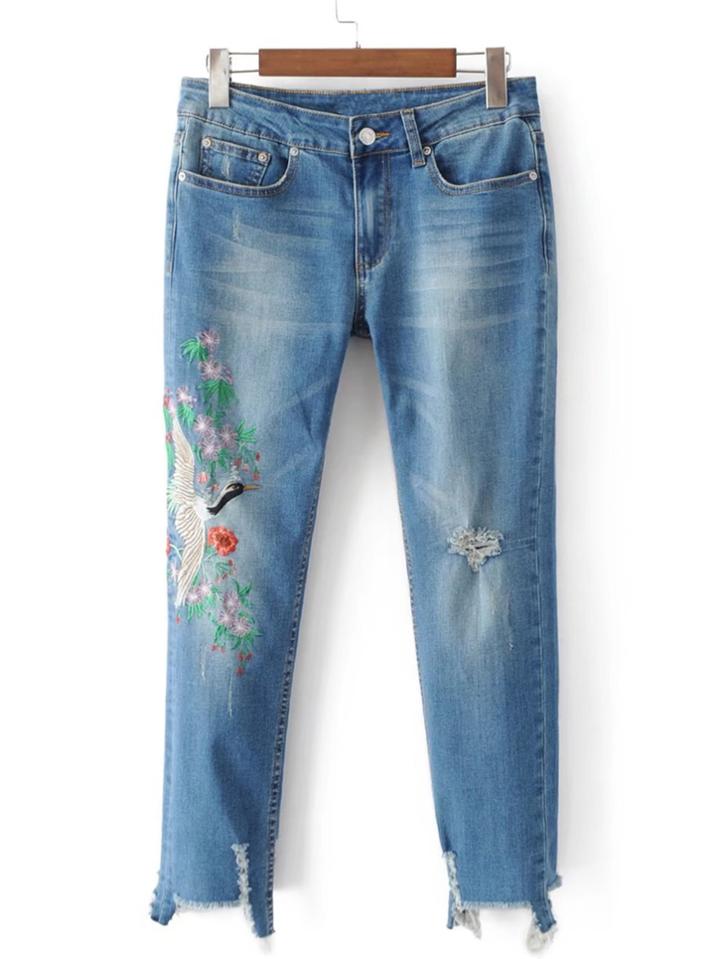 Romwe Crane Embroidery Frayed Edge Jeans