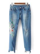 Romwe Crane Embroidery Frayed Edge Jeans