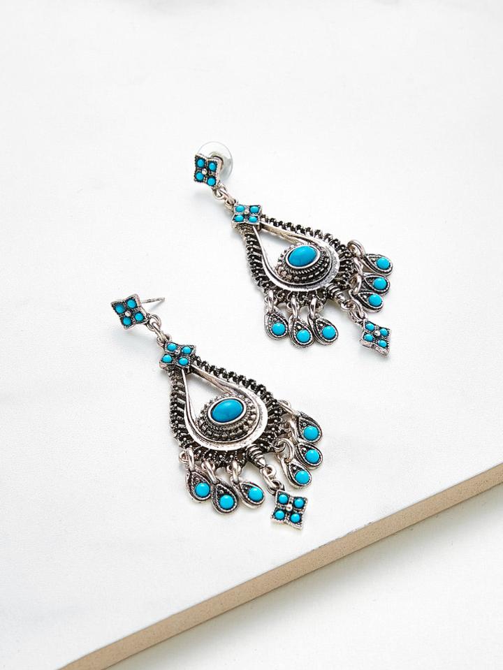 Romwe Turquoise Decorated Water Drop Shaped Earrings