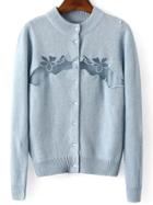 Romwe Mesh Insert Embroidered Blue Cardigan Sweater