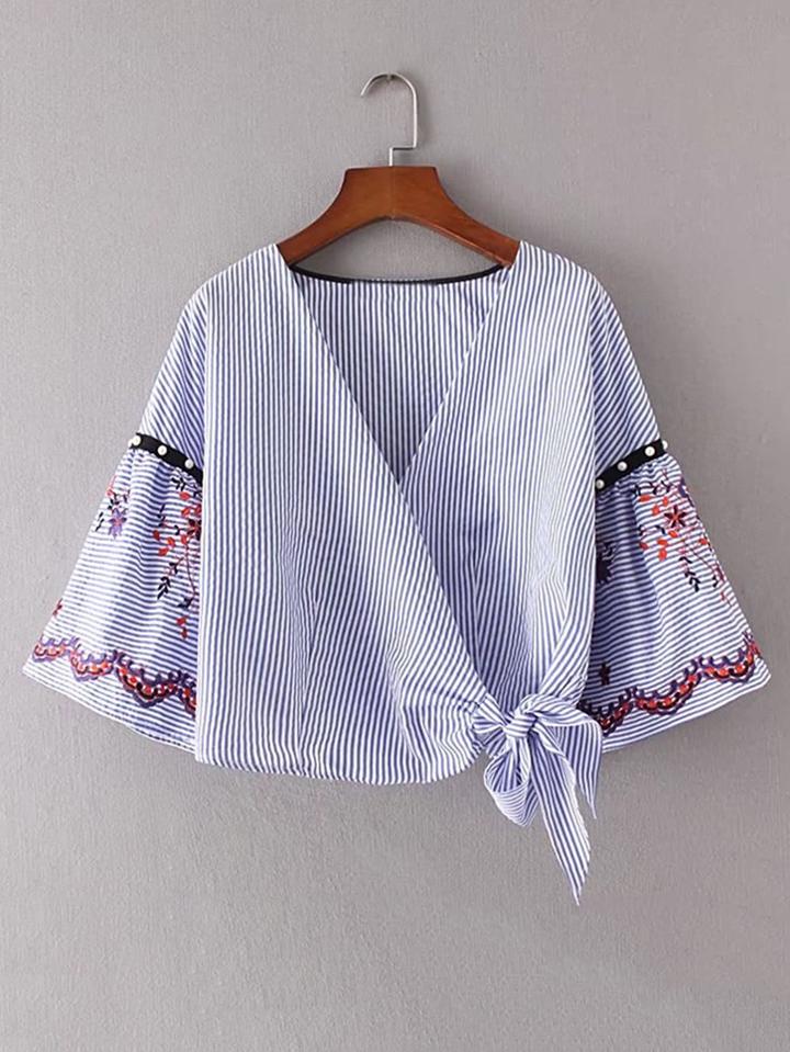 Romwe Pearls Embellished Embroidery Knot Detail Wrap Top