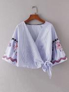 Romwe Pearls Embellished Embroidery Knot Detail Wrap Top
