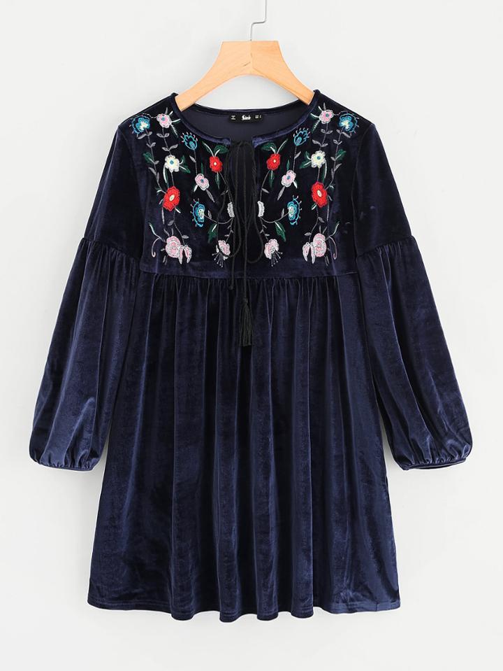 Romwe Botanical Embroidery Tasseled Tied Neck Velvet Dress