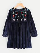 Romwe Botanical Embroidery Tasseled Tied Neck Velvet Dress