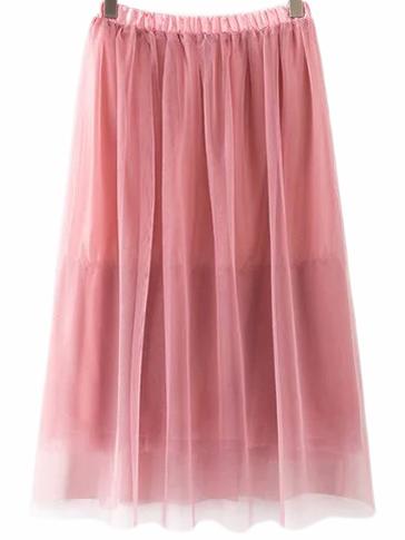 Romwe Pink Elastic Waist Gauze Flare Skirt