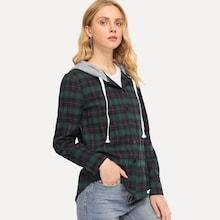 Romwe Drawstring Detail Plaid Hooded Coat