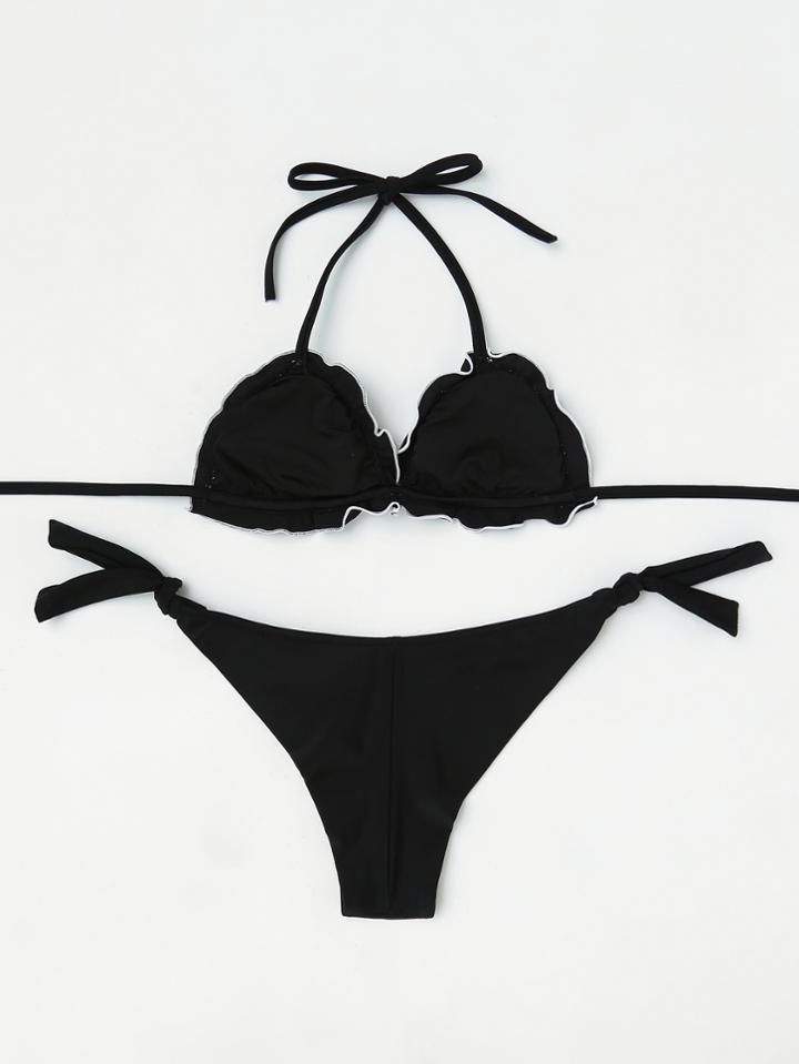 Romwe Lettuce Edge Crochet Detail Bikini Set