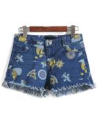Romwe Greek Mythology Fringe Denim Shorts