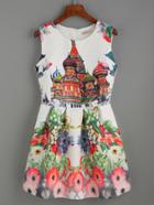 Romwe Multicolor Printed Pleated Fit And Flare Dress
