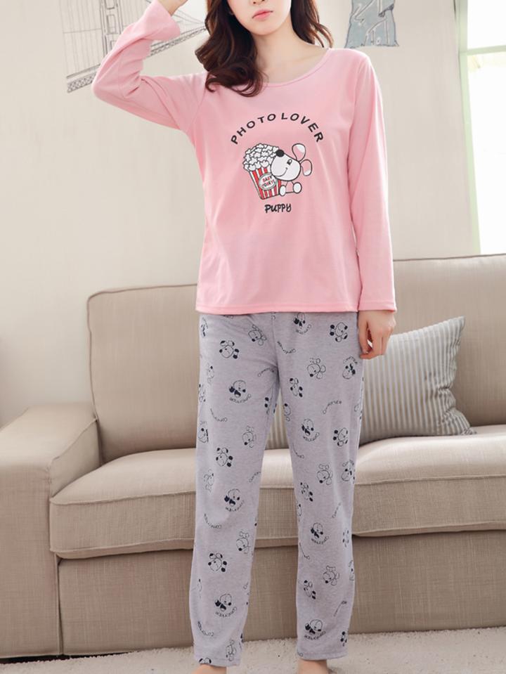 Romwe Dog Print Tee & Pants Pj Set