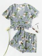 Romwe Allover Florals Crisscross Tie Detail Top With Shorts