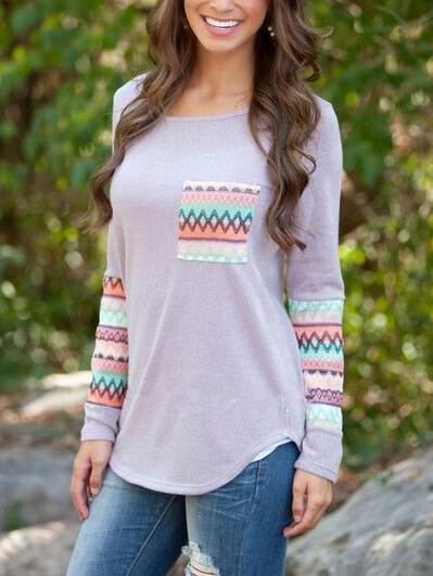 Romwe Long Sleeve Geometric Print Pocket Purple T-shirt