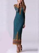 Romwe Long Sleeve Embroidered Lace Sheath Blue Dress