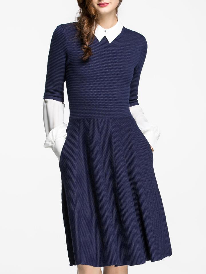 Romwe Navy Lapel Long Sleeve Knit Pockets Dress
