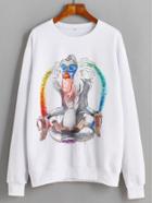 Romwe White Cartoon Baboon Print Drop Shoulder Sweatshirt